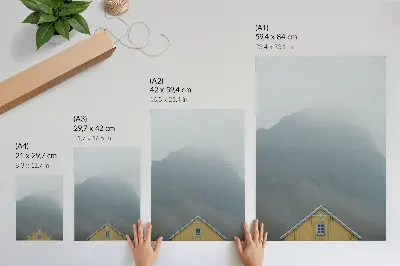Decorative poster yellow house in a peaceful mountain fog