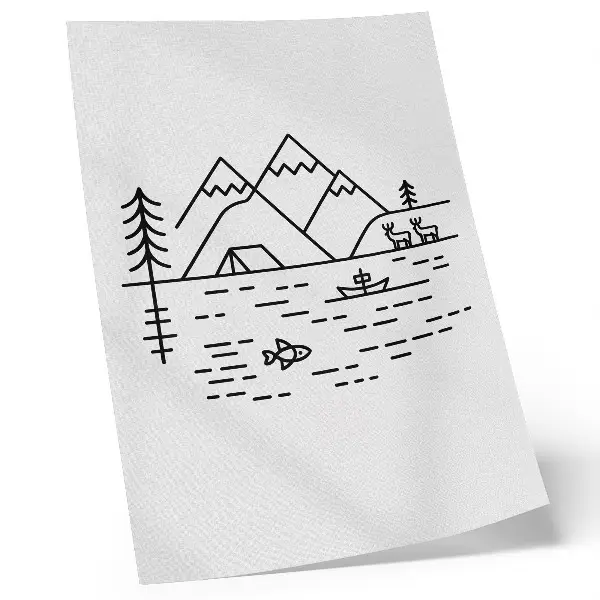 Art print minimalist line art featuring mountains and lake animals