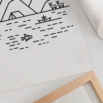 Art print minimalist line art featuring mountains and lake animals