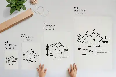 Art print minimalist line art featuring mountains and lake animals