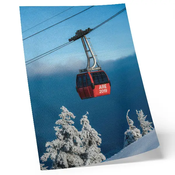 Premium wall art winter landscape with a red gondola and white trees