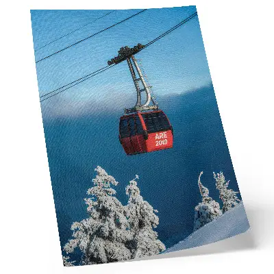 Premium wall art winter landscape with a red gondola and white trees