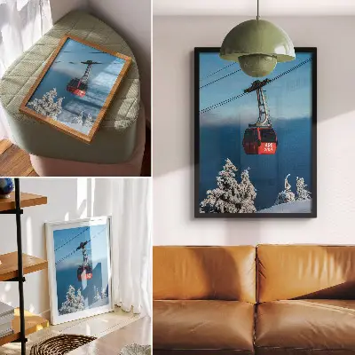 Premium wall art winter landscape with a red gondola and white trees