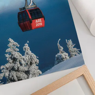 Premium wall art winter landscape with a red gondola and white trees