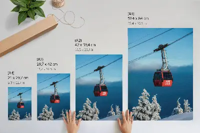 Premium wall art winter landscape with a red gondola and white trees