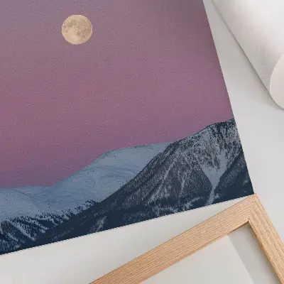 Decorative poster mountains at dusk with a moon in a pastel sky