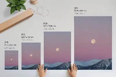 Decorative poster mountains at dusk with a moon in a pastel sky