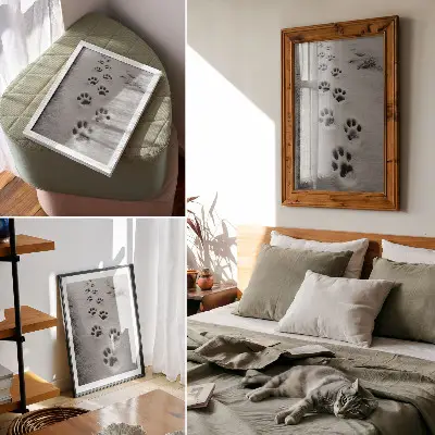 Premium wall art paw prints in white snow with a hint of mystery