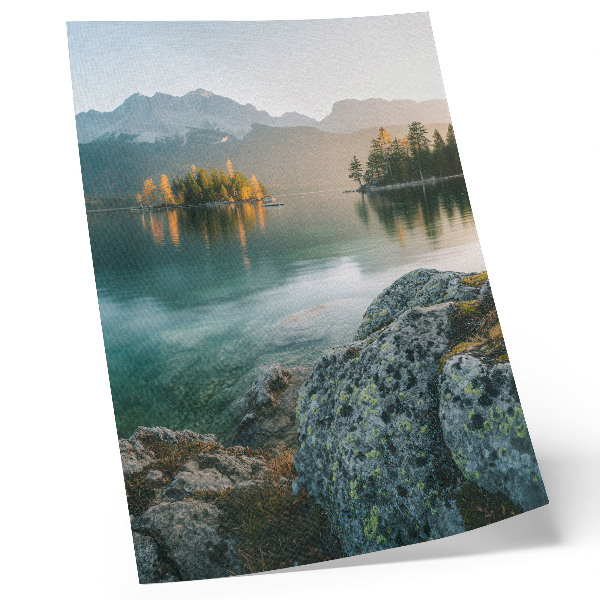 Poster Mountains, lake, island, foggy morning