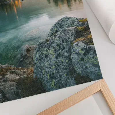 Poster mountains, lake, and island on a foggy morning