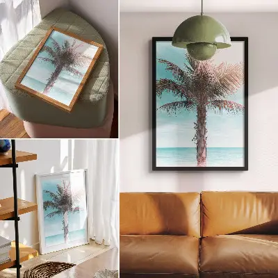 Art print palm tree over the azure sea with a velvet tropical sky