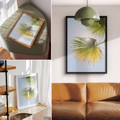 Poster palm leaves on a blue background with sunlight