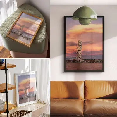 Art print modern tower with a pastel sky at sunset