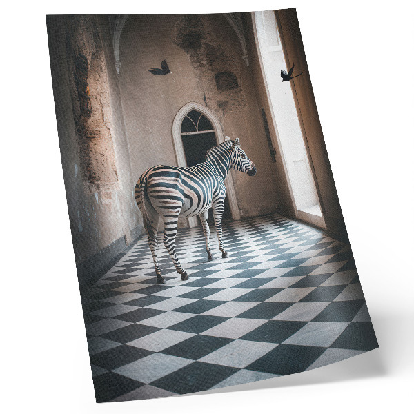Poster Zebra against the backdrop of architecture with birds in flight