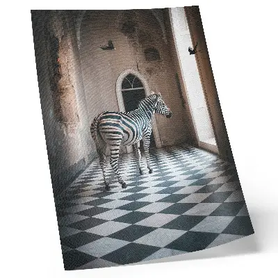 Poster zebra against a backdrop of architecture with birds in flight