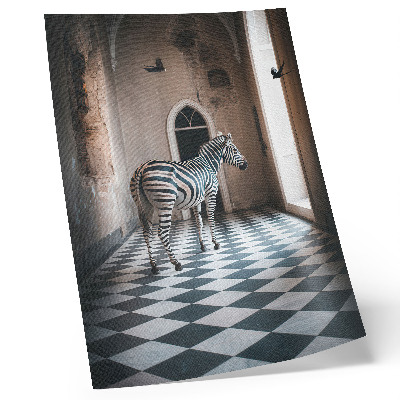 Poster Zebra against the backdrop of architecture with birds in flight