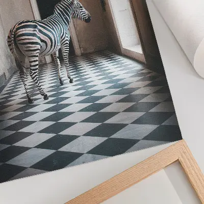 Poster zebra against a backdrop of architecture with birds in flight