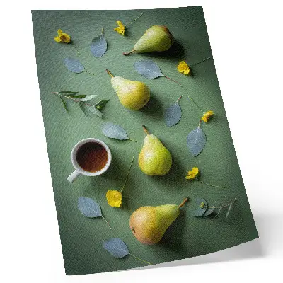 Art print featuring tea, pears, flowers, and leaves on a green background
