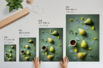Art print featuring tea, pears, flowers, and leaves on a green background