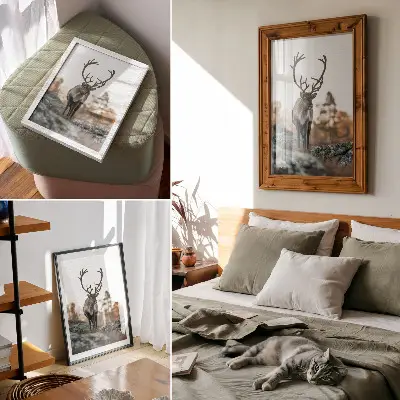 Decorative poster deer against a backdrop of rocks and trees in an autumn landscape