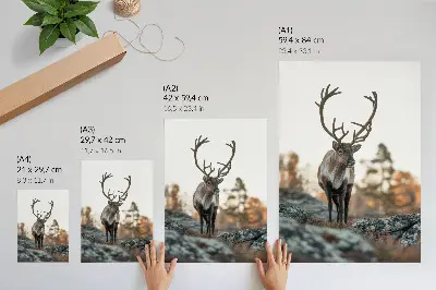Decorative poster deer against a backdrop of rocks and trees in an autumn landscape