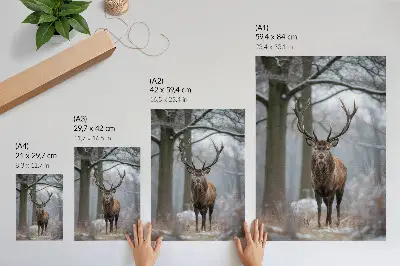 Art print majestic deer in a winter forest in shades of gray