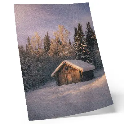 Decorative poster featuring a peaceful winter forest scene with a wooden cottage