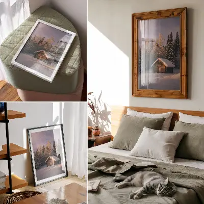 Decorative poster featuring a peaceful winter forest scene with a wooden cottage