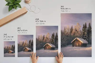 Decorative poster featuring a peaceful winter forest scene with a wooden cottage