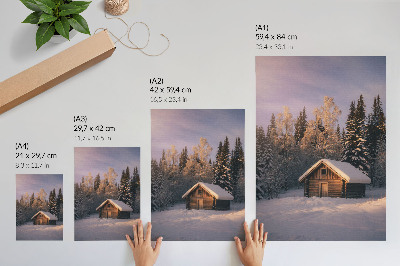 Decorative poster Winter forest wooden cottage peace harmony nature