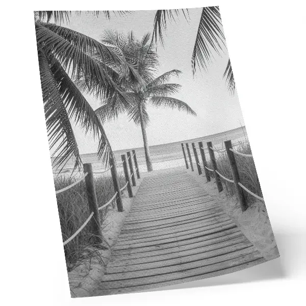 Art print featuring a tropical jetty with palm trees and a sandy beach under an endless horizon