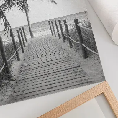 Art print featuring a tropical jetty with palm trees and a sandy beach under an endless horizon