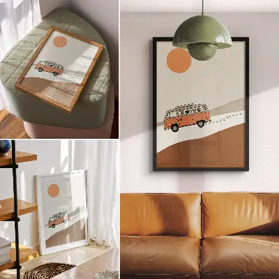Art print minimalist orange camper vacation design