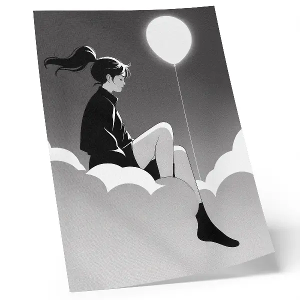 Poster a minimalist illustration of a figure on a cloud with a balloon