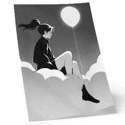 Poster a minimalist illustration of a figure on a cloud with a balloon