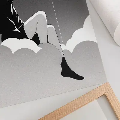 Poster a minimalist illustration of a figure on a cloud with a balloon