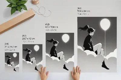Poster a minimalist illustration of a figure on a cloud with a balloon