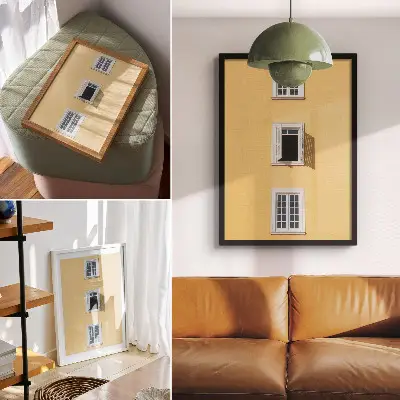 Art print yellow facade with three symmetric windows in a minimalist style