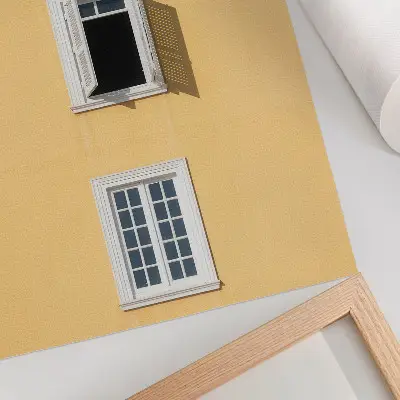 Art print yellow facade with three symmetric windows in a minimalist style