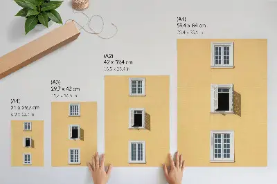 Art print yellow facade with three symmetric windows in a minimalist style