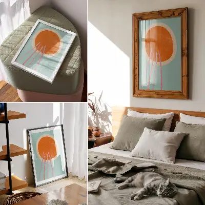 Premium wall art orange circle with pink lines on a turquoise background