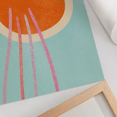 Premium wall art orange circle with pink lines on a turquoise background