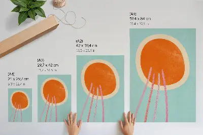 Premium wall art orange circle with pink lines on a turquoise background