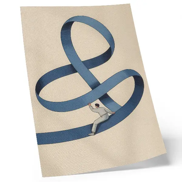 Poster blue tape on a beige background with a dynamic figure