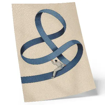 Poster blue tape on a beige background with a dynamic figure