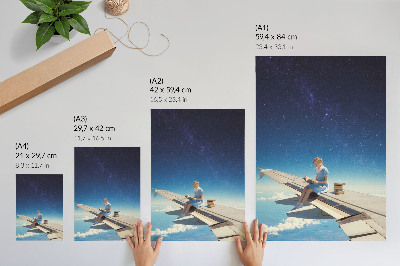 Decorative poster Girl on the wing of an airplane universe books