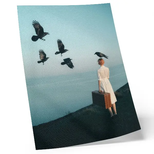 Art print woman with a suitcase, birds, and sky surrealism