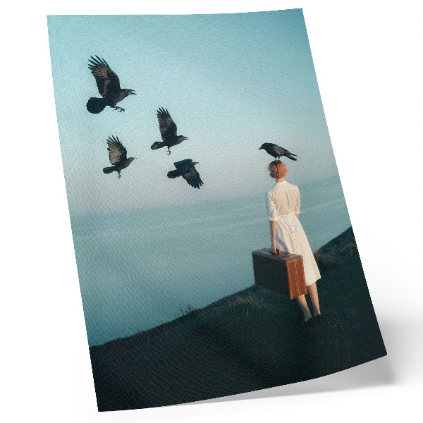 Art print Woman with a suitcase birds sky surrealism