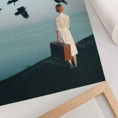 Art print woman with a suitcase, birds, and sky surrealism
