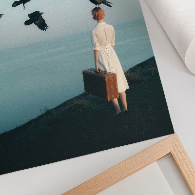 Art print Woman with a suitcase birds sky surrealism